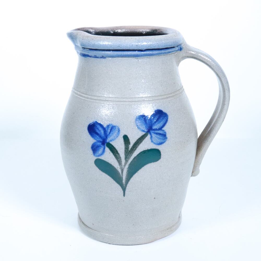 Rowe Pottery Works Pitcher 2000 Salt Glaze Flowers Colorful 7" Tall